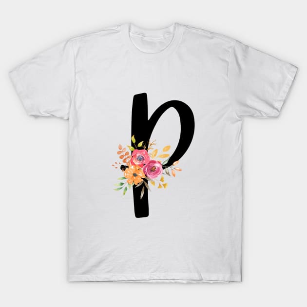 Letter P With Watercolor Floral Wreath T-Shirt by NatureGlow